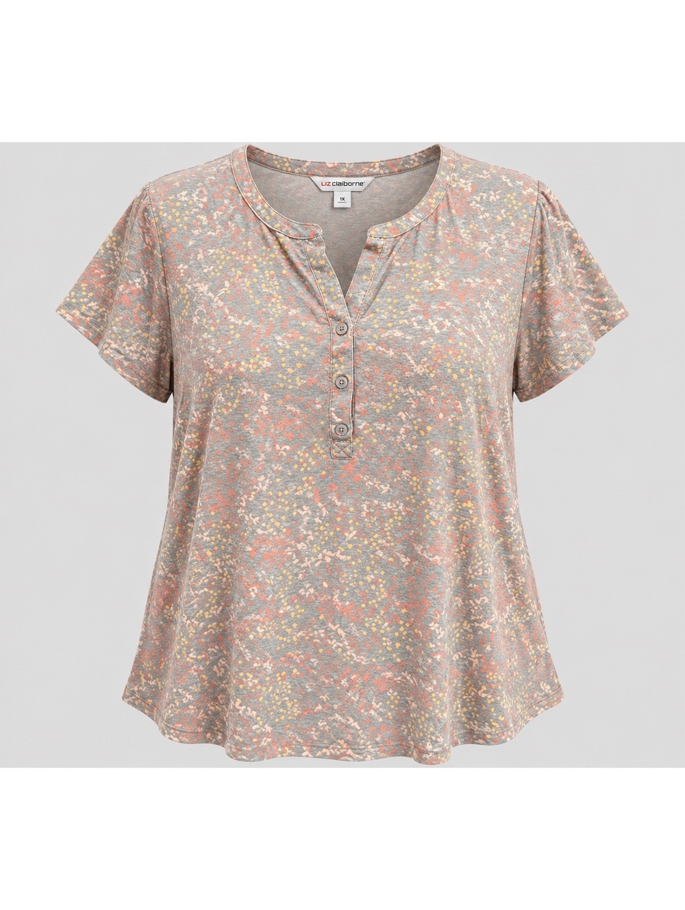 Liz Claiborne Women’s 1X Floral Henley Top Rayon Blend Short Sleeve Gray Peach